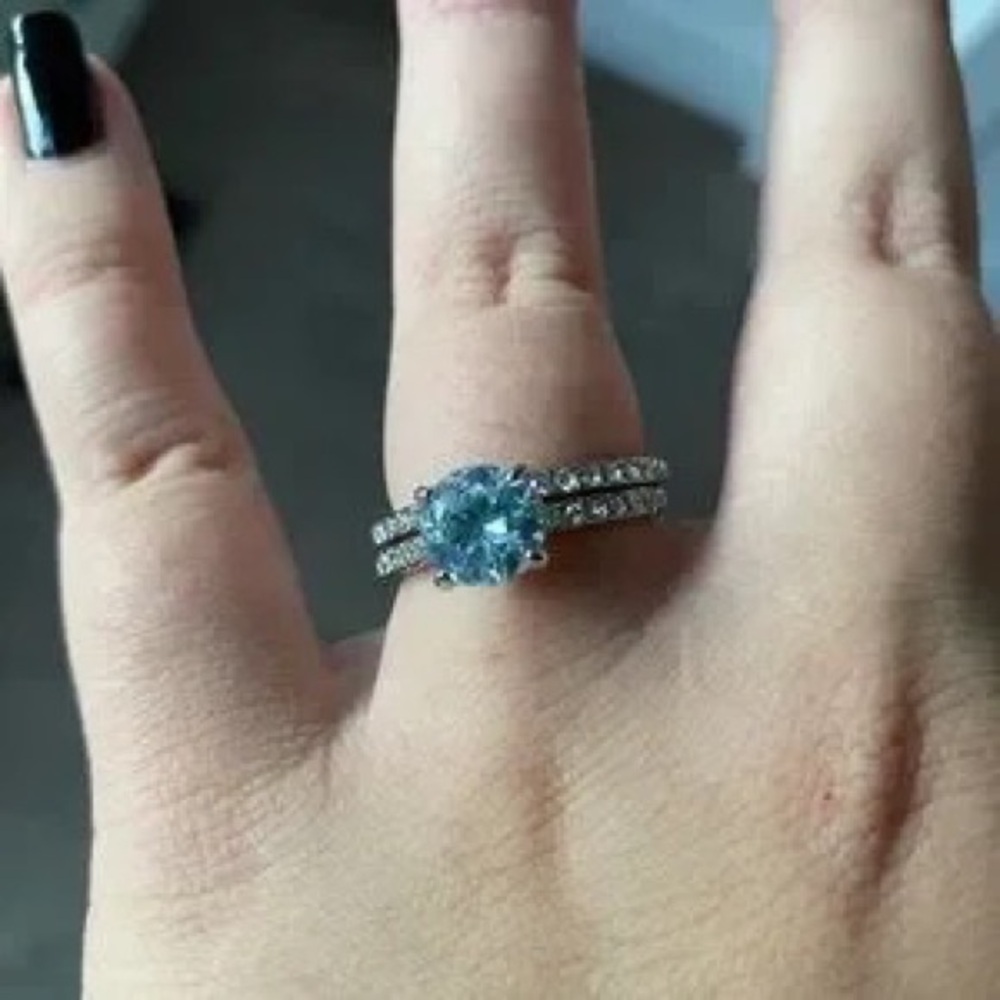 Sterling Silver Aquamarine Halo Engagement Ring with Pave Band